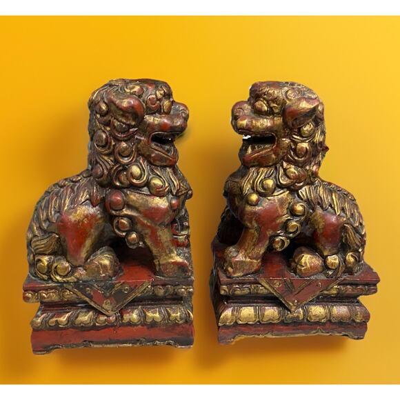 Vintage Mid Century Pair Hand Carved Wood Red Gold Gilt Foo Dogs 10"x6"x4" Asian - Picture 1 of 4